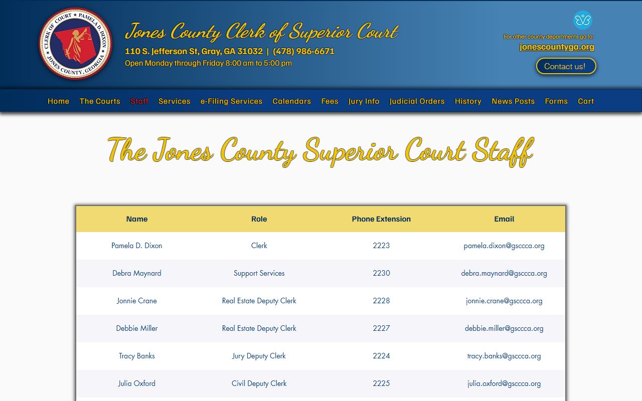 Jones County Clerk of Superior Court staff directory for clerk records