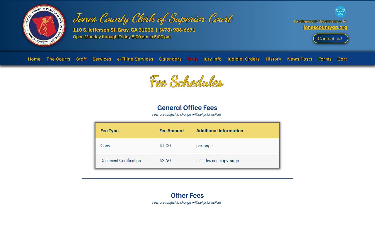 Jones County Clerk of Superior Court copy and certification fees