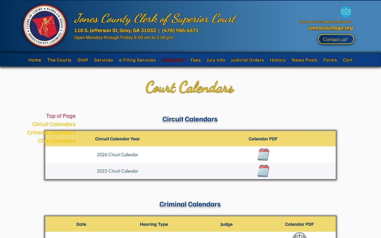 Jones County court dockets clerk calendar page