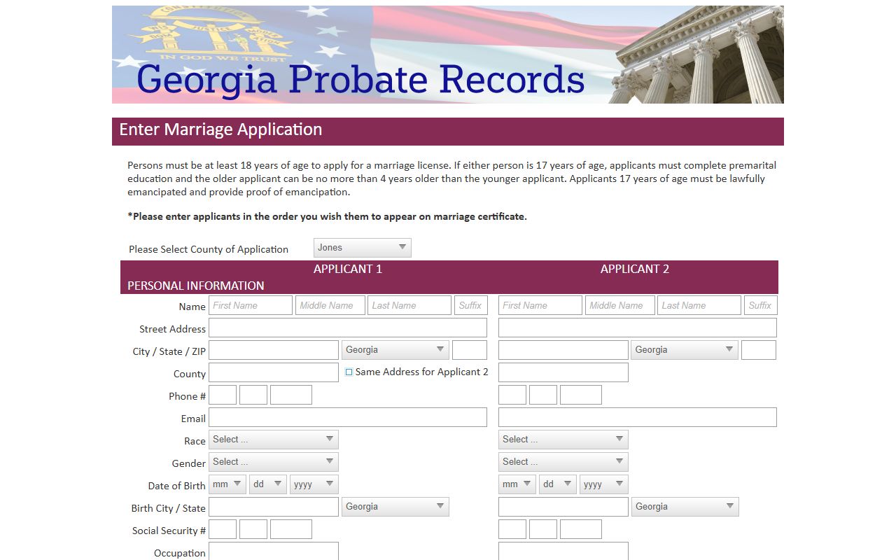 Jones County marriage records Georgia Probate Records marriage license application
